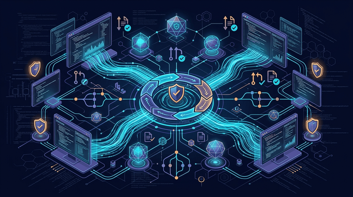 Autonomous development workflow — parallel agent sessions connected by data streams flowing into a central control loop