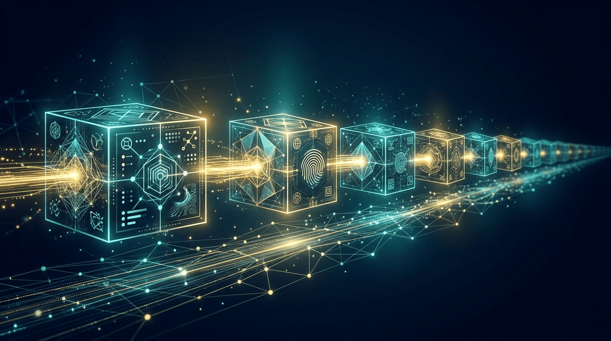 Chain of interconnected cryptographic blocks forming an immutable audit ledger