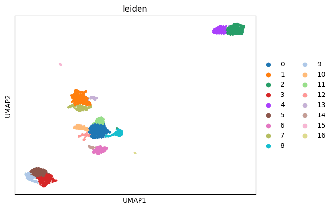 UMAP Clustering — 17 Leiden clusters from 4,452 tumor cells
