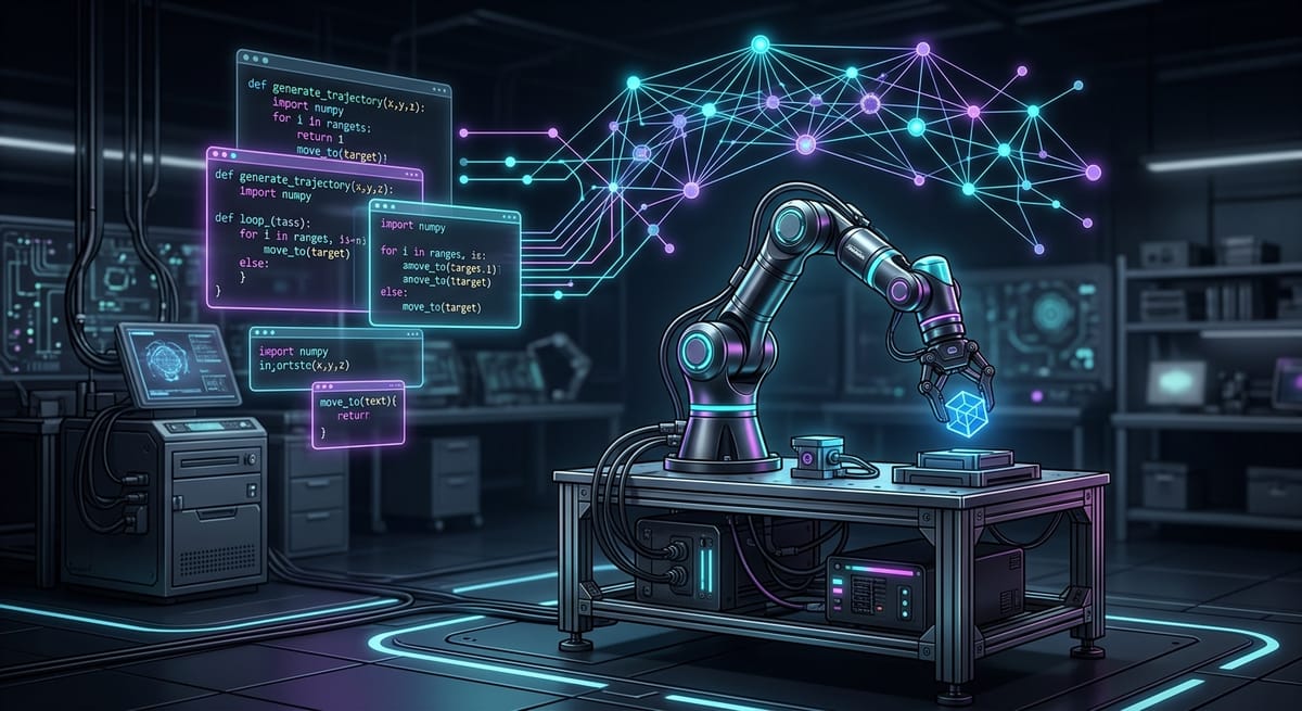 A Franka Panda robot arm connected to an LLM generating Python manipulation code