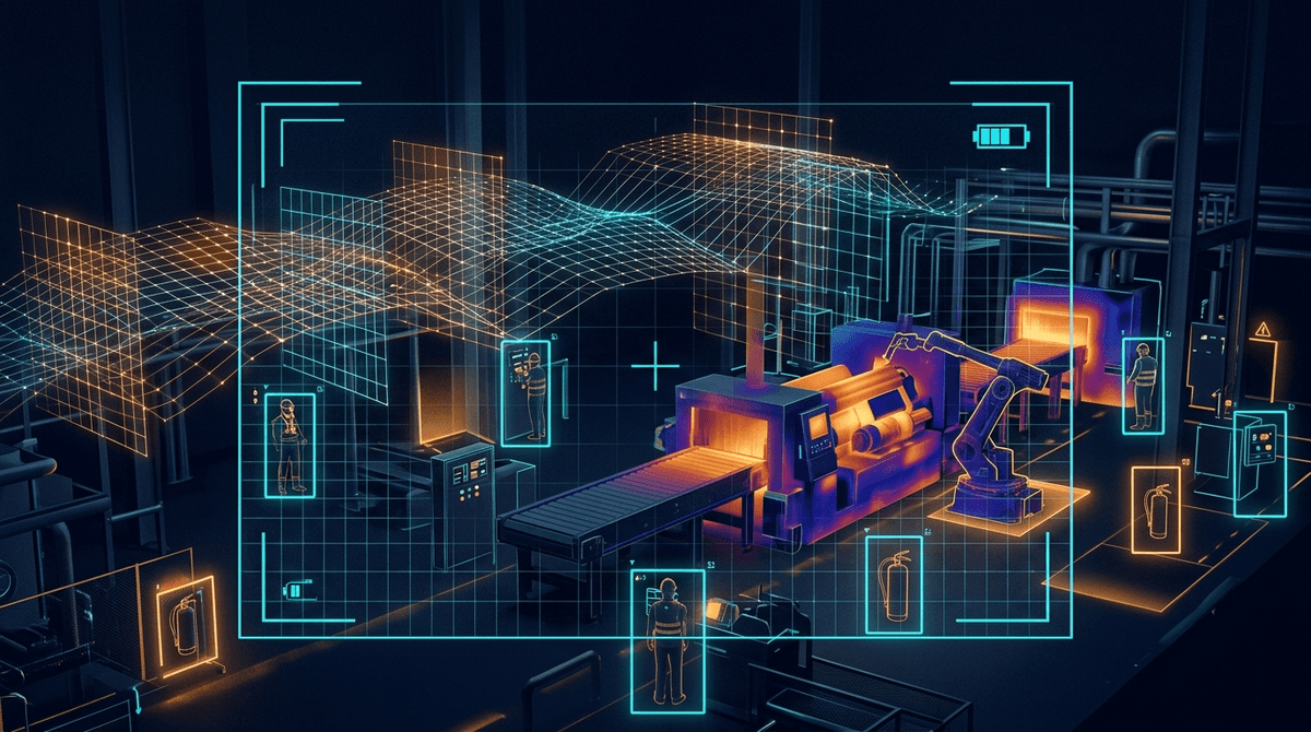 Computer vision detection overlay analyzing an industrial facility with safety bounding boxes