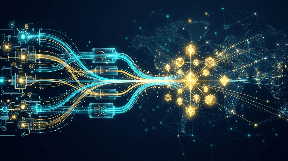Data streams from IoT sensors converging into monetized golden value nodes across a global network