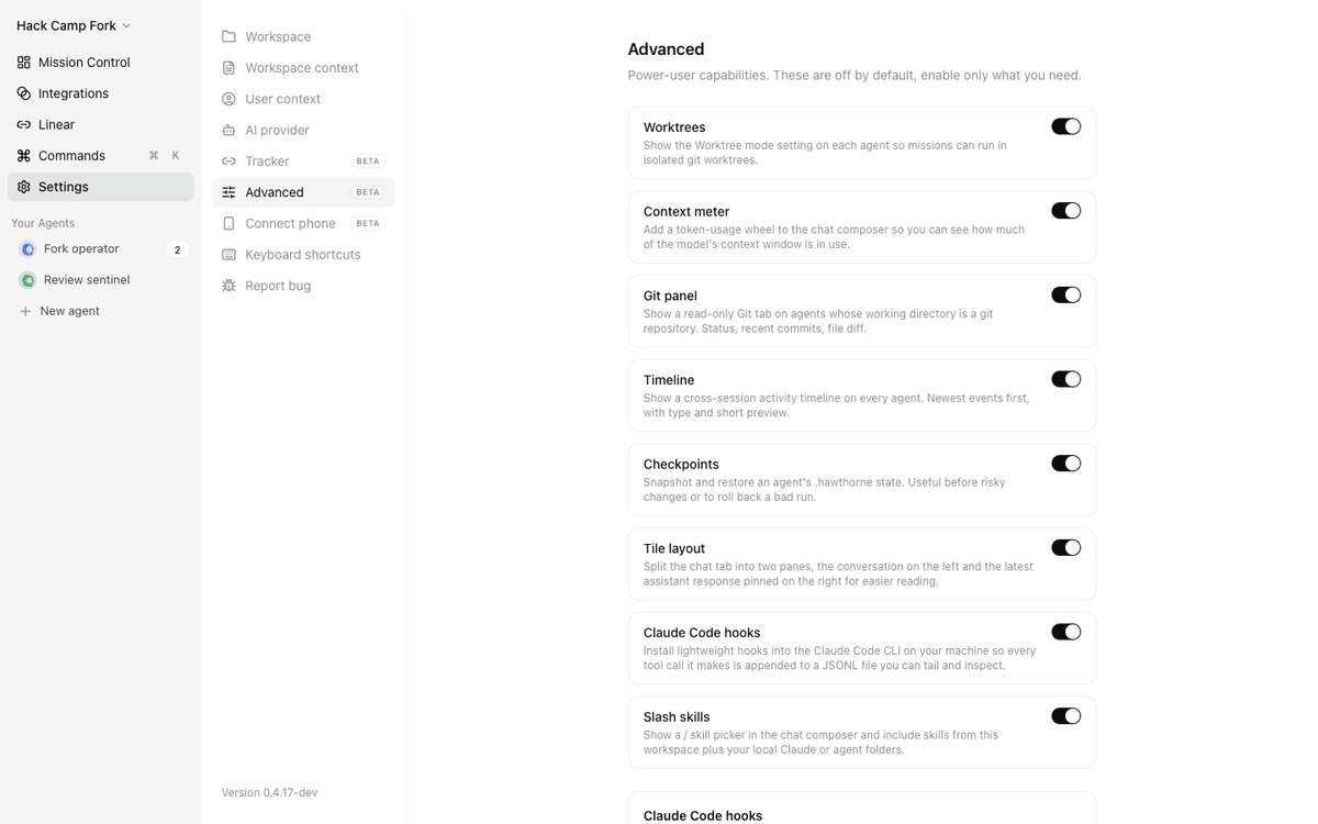 The Advanced settings panel — a feature-flag platform with worktrees, context meter, git panel, timeline, and checkpoints, all off by default