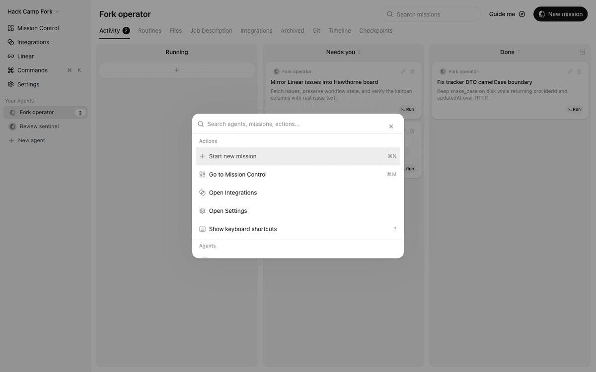 The command palette — search agents, missions, and actions, and jump anywhere in the runtime