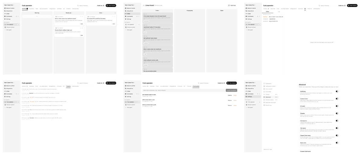 Contact sheet of the dogfood pass showing activity, Linear, Git, Timeline, Checkpoints, and Advanced settings with real content