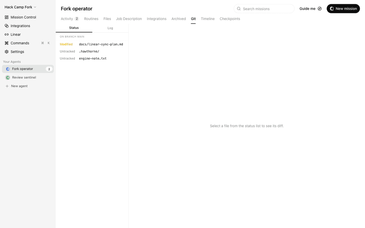 The git panel — status, log, branch, untracked files and diffs read live from the engine's git routes