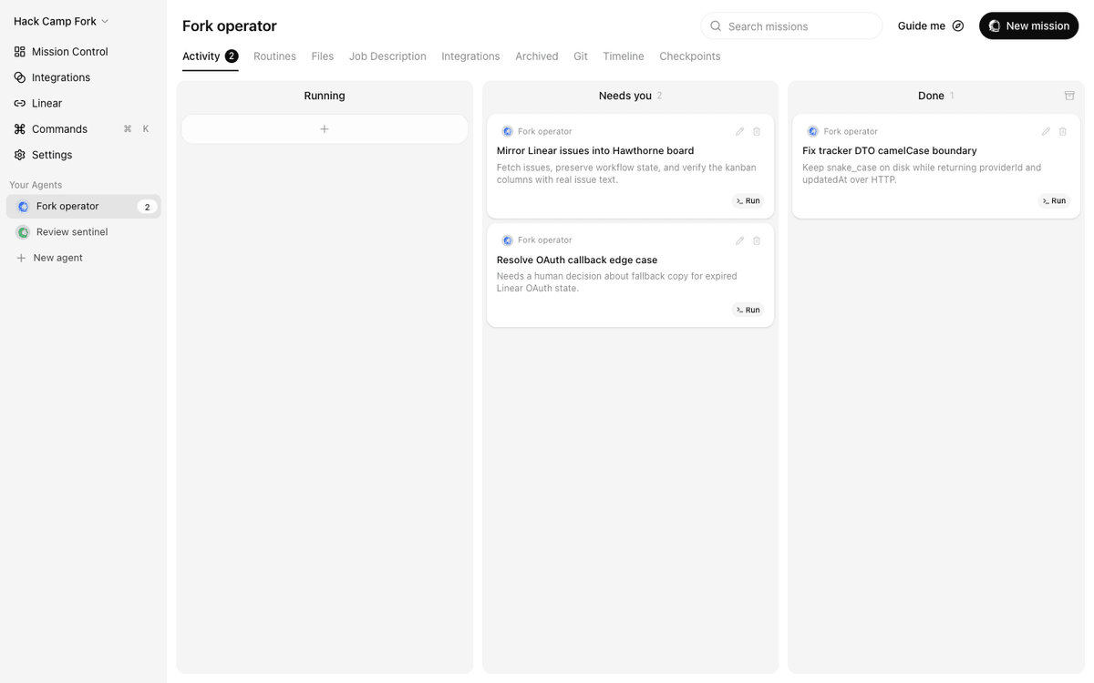The mission board — Running, Needs you, Done kanban columns served live by the engine
