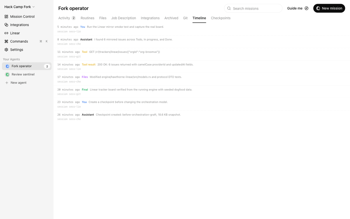 Timeline — cross-session activity showing every message, tool call, and result, newest first