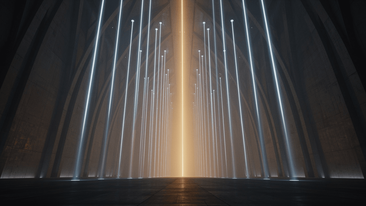 Vast cathedral-scale architectural interior with thirty cool blue beams of light flowing downward from above and converging into a single warm amber column at the center — Villeneuve / Blade Runner 2049 visual language. Generated end-to-end via Higgsfield CLI (FLUX.2 Pro, 16:9) using the cinematic doctrine described in this post.