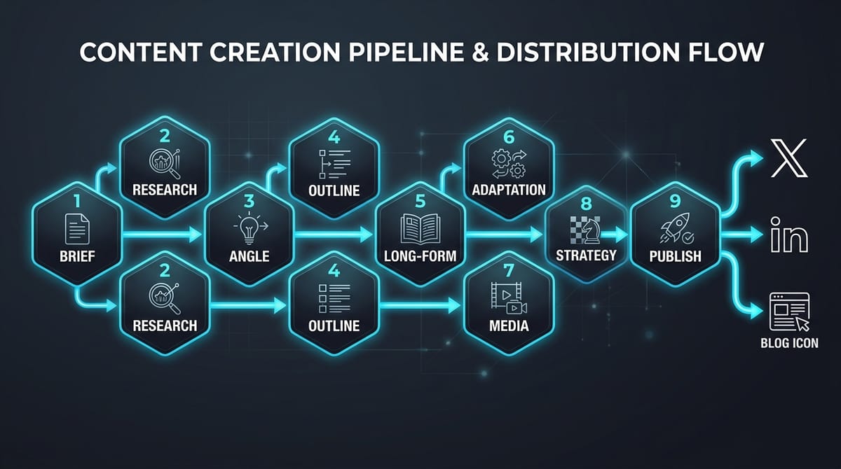 The 9-phase content pipeline from brief intake through automated publishing across platforms