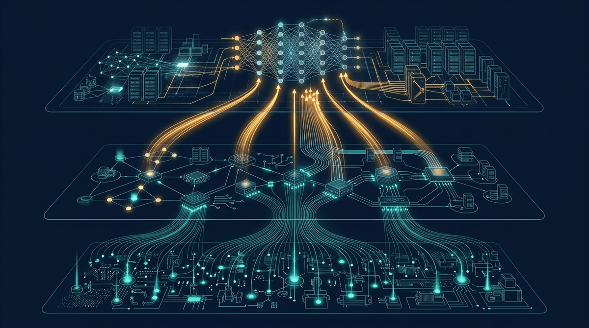 Layered IIoT architecture from field sensors through edge devices to cloud infrastructure with satellite uplinks