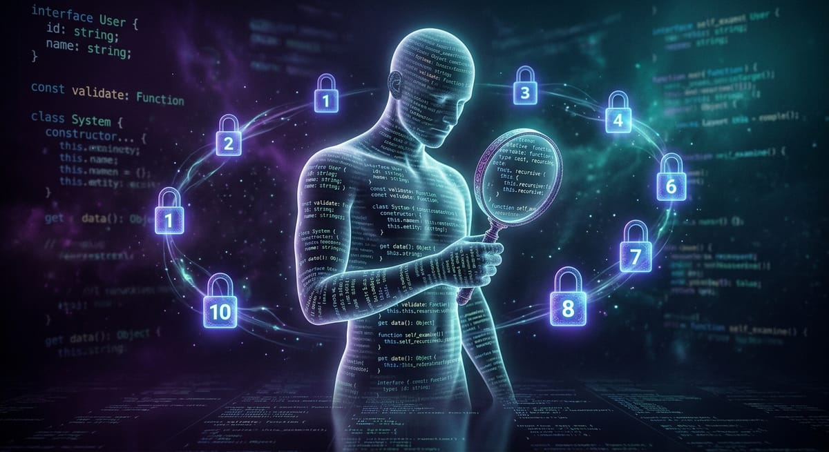 An agent examining its own source code, surrounded by orbiting lock icons