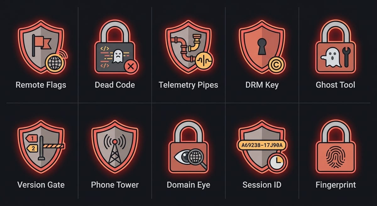 Ten control mechanisms found in Claude Code's source: remote flags, dead code, telemetry, DRM, anti-distillation, kill switch, preflight, domain surveillance, session tracking, fingerprinting