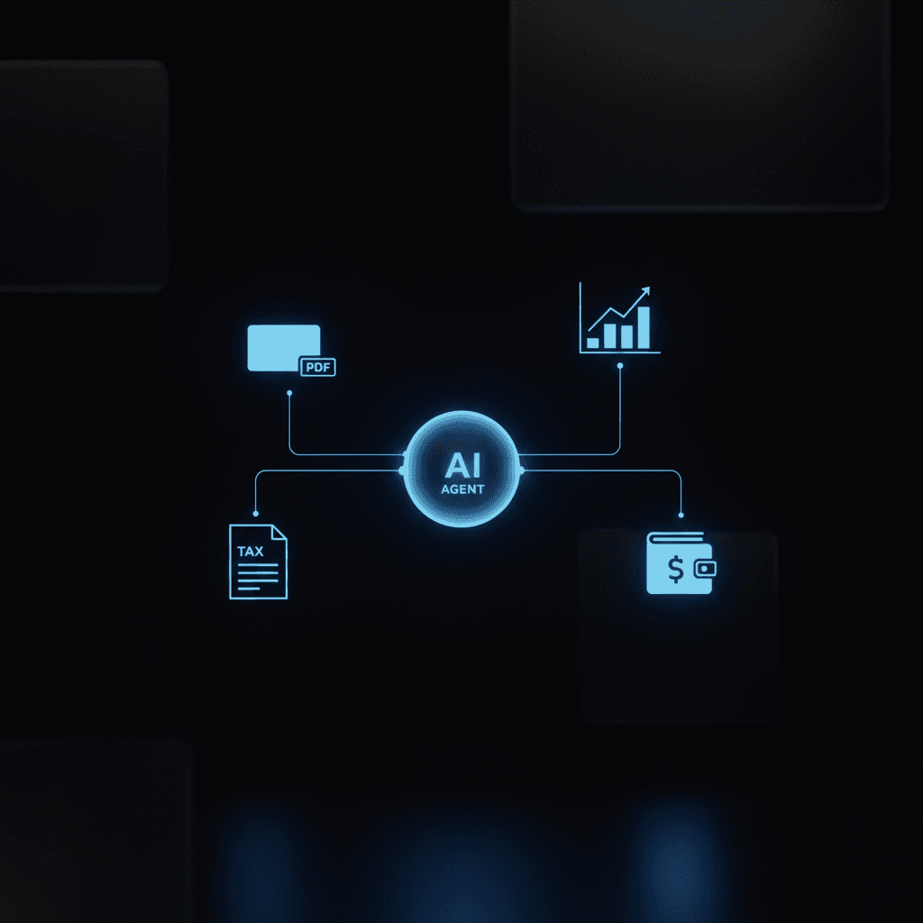 Un agente AI orquestando flujos financieros — extractos, impuestos y portafolios convergen en un dashboard unificado