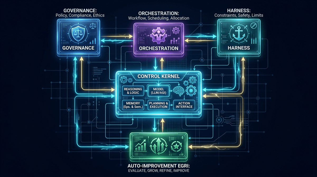 Blueprint architecture — governance, harness, orchestration, control kernel, and EGRI auto-improvement as interconnected subsystems