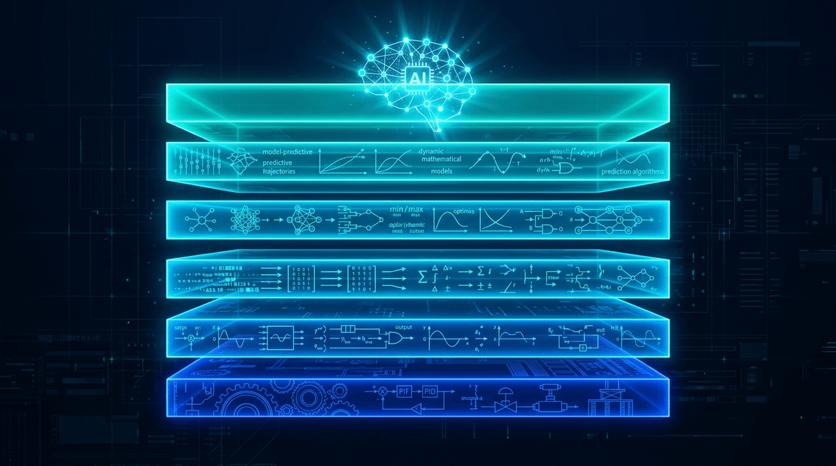 The Modern Control Stack — six layered strata from classical PID at the base to AI-driven supervisory control at the top