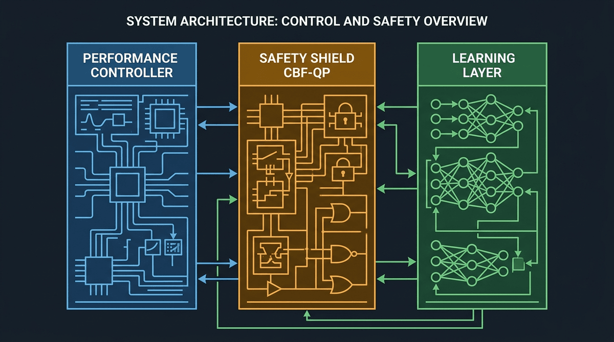 Safety decomposition architecture — performance controller, CBF-QP safety shield, and learning layer as independent, composable modules