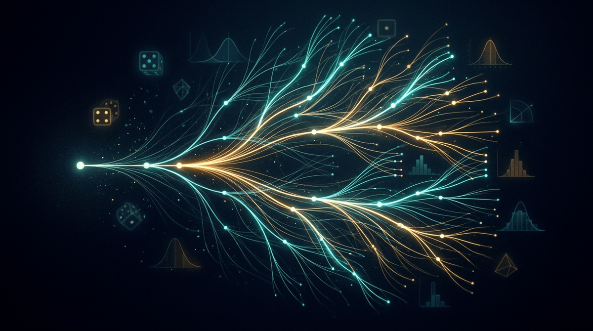 Branching decision tree with probability-weighted pathways glowing on a dark background