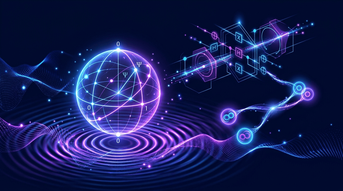 Bloch sphere qubit in superposition with quantum circuit gates and entangled particle pairs