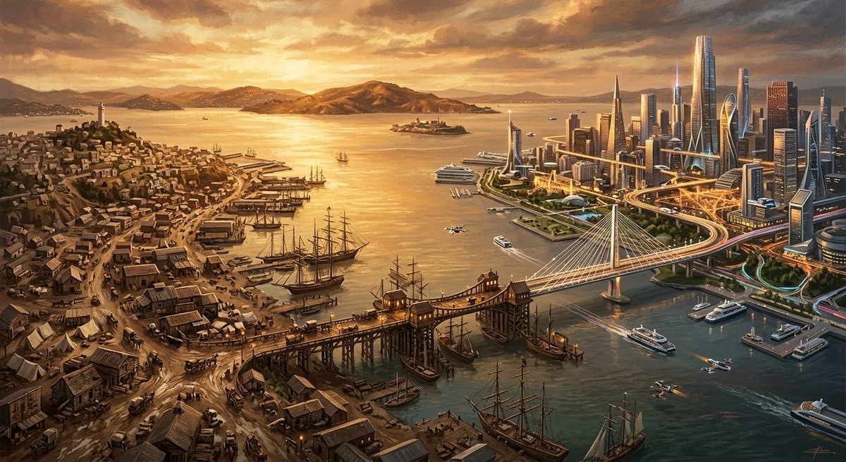 San Francisco reimagined — half Gold Rush era, half futuristic city of glass and light, bridged across the bay