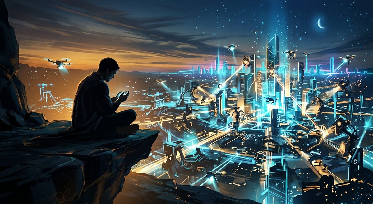 A human sitting contemplatively while autonomous machines build cities of light behind them