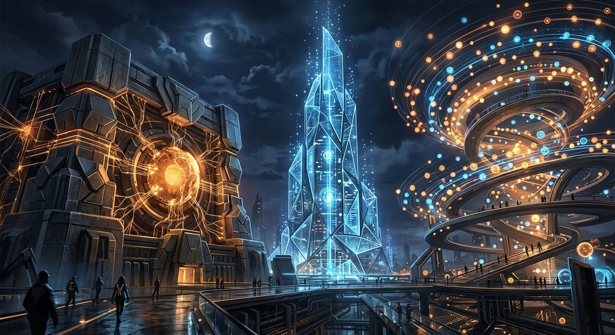 Futuristic institutions — a bank vault network node, a crystalline credit bureau, a marketplace of light