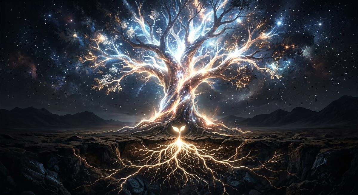 A luminous tree of light growing from open ground, roots spreading into vast underground networks
