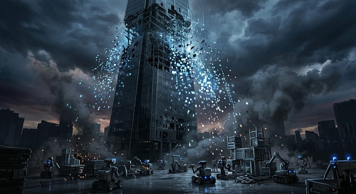 A glass SaaS skyscraper crumbling into pixels while robots build below