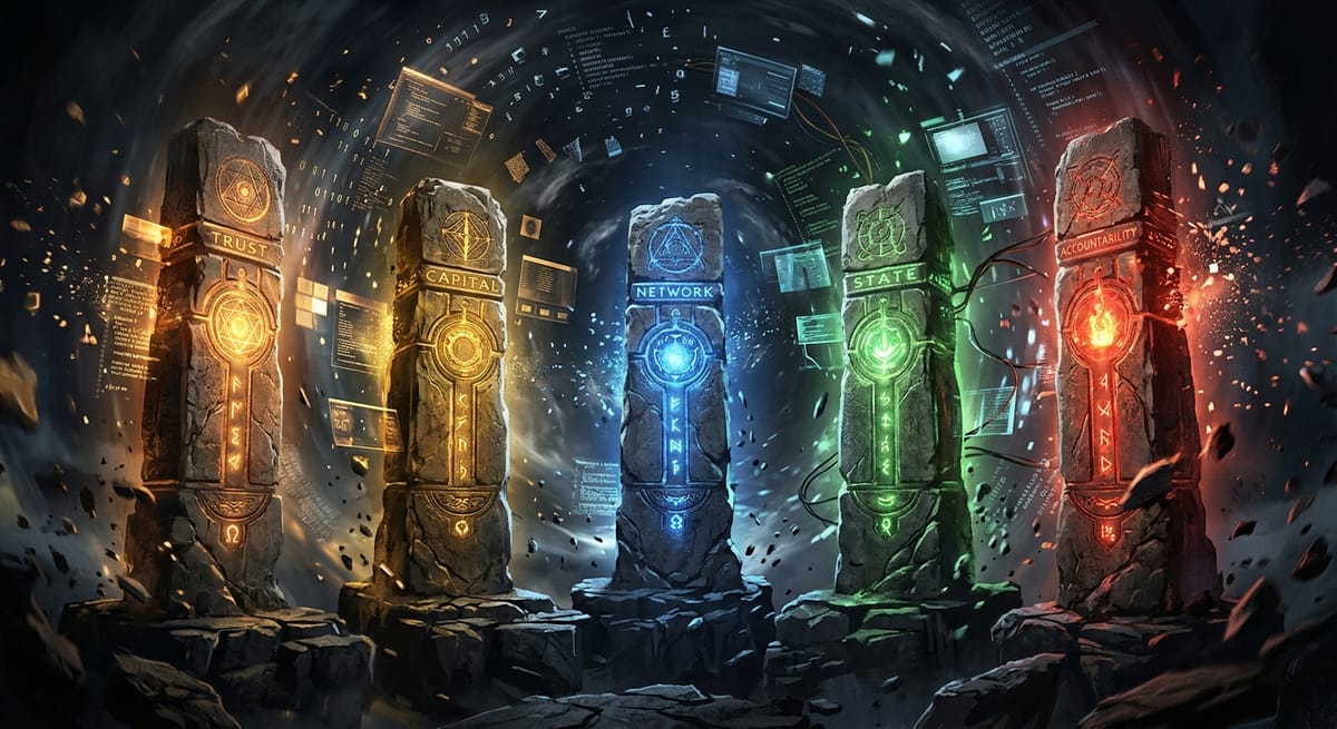 Five ancient pillars glowing with different colors — trust, capital, network, state, accountability