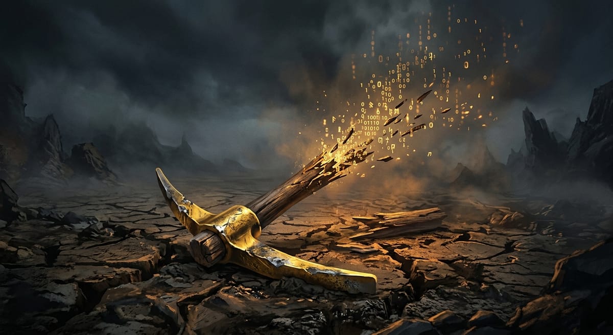 A golden pickaxe shattering into digital code on cracked earth