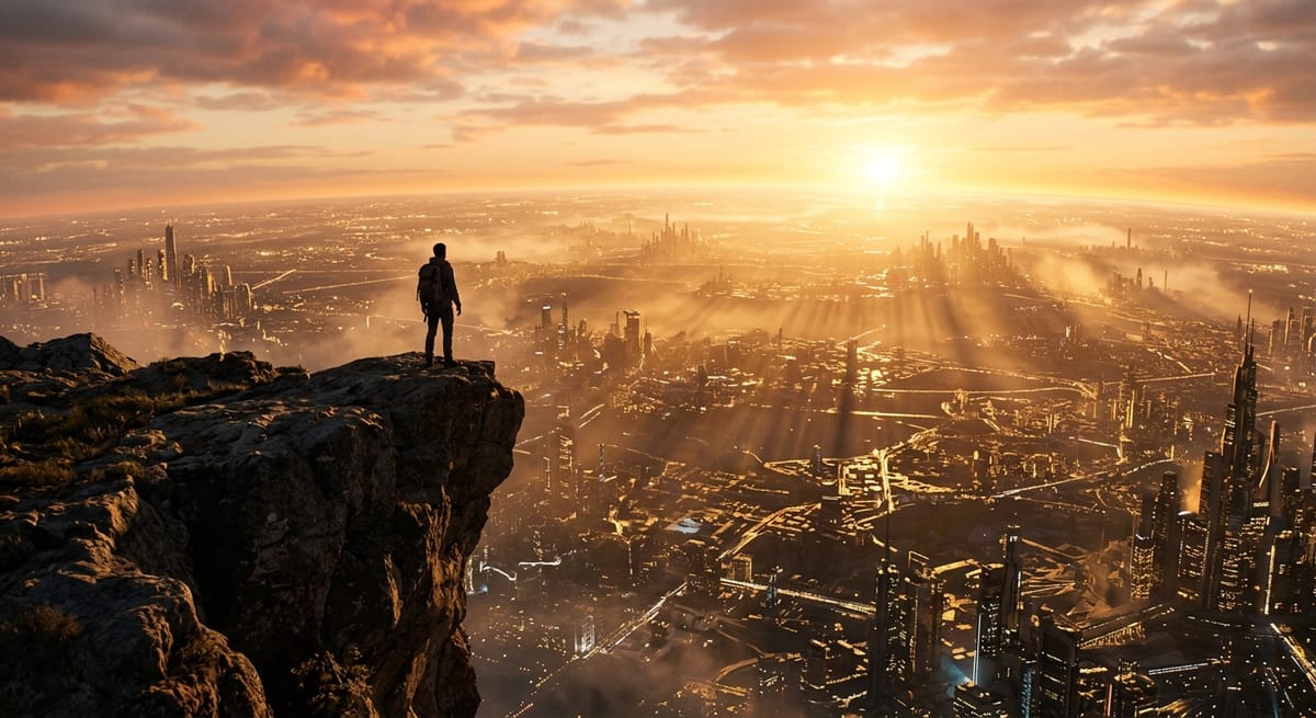 A figure standing at a cliff edge overlooking an infinite city of light at sunrise