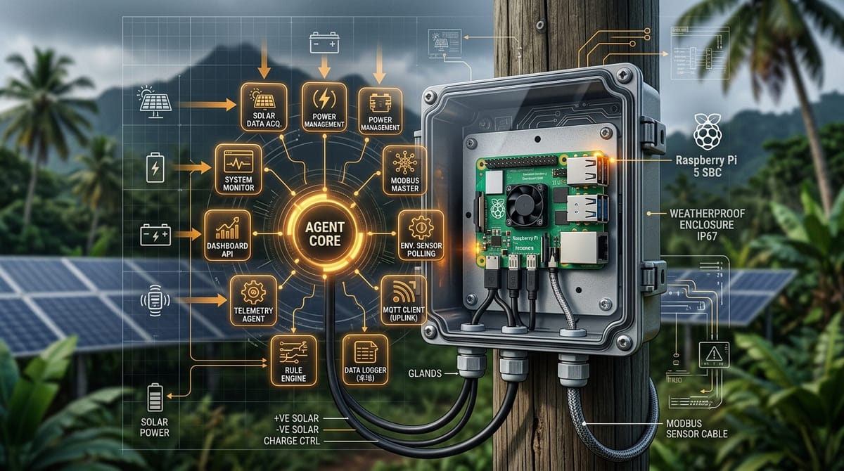 A Raspberry Pi 5 in a weatherproof enclosure connected to solar panels, with a software architecture overlay showing 10 glowing module boxes
