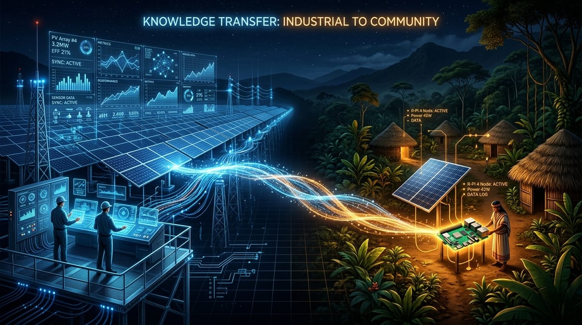 A cinematic gradient landscape: industrial solar farm on the left in cool blue tones transitions to a lush Colombian jungle community with a small solar panel and Raspberry Pi on the right, connected by a flowing bridge of light representing knowledge transfer