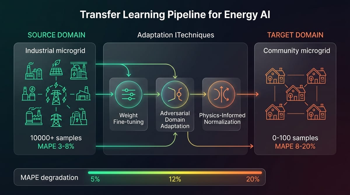 Transfer learning pipeline showing source domain (industrial data), domain adaptation techniques, and target domain (ZNI community microgrids) with MAPE degradation at each stage