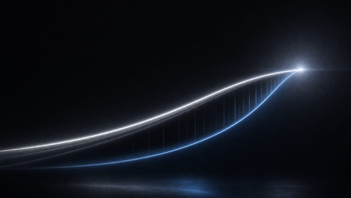 Two luminous curves — model capability and task difficulty — rising together while the vertical gap between them narrows to nothing as a muted-blue frontier line closes the headroom.