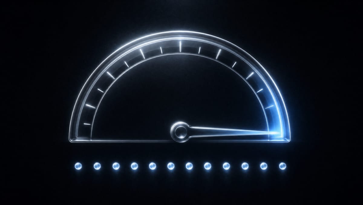 A luminous performance gauge with its needle pinned hard against the far-right maximum stop, twelve lit markers in a row beneath it — every episode scored a perfect 1.0.