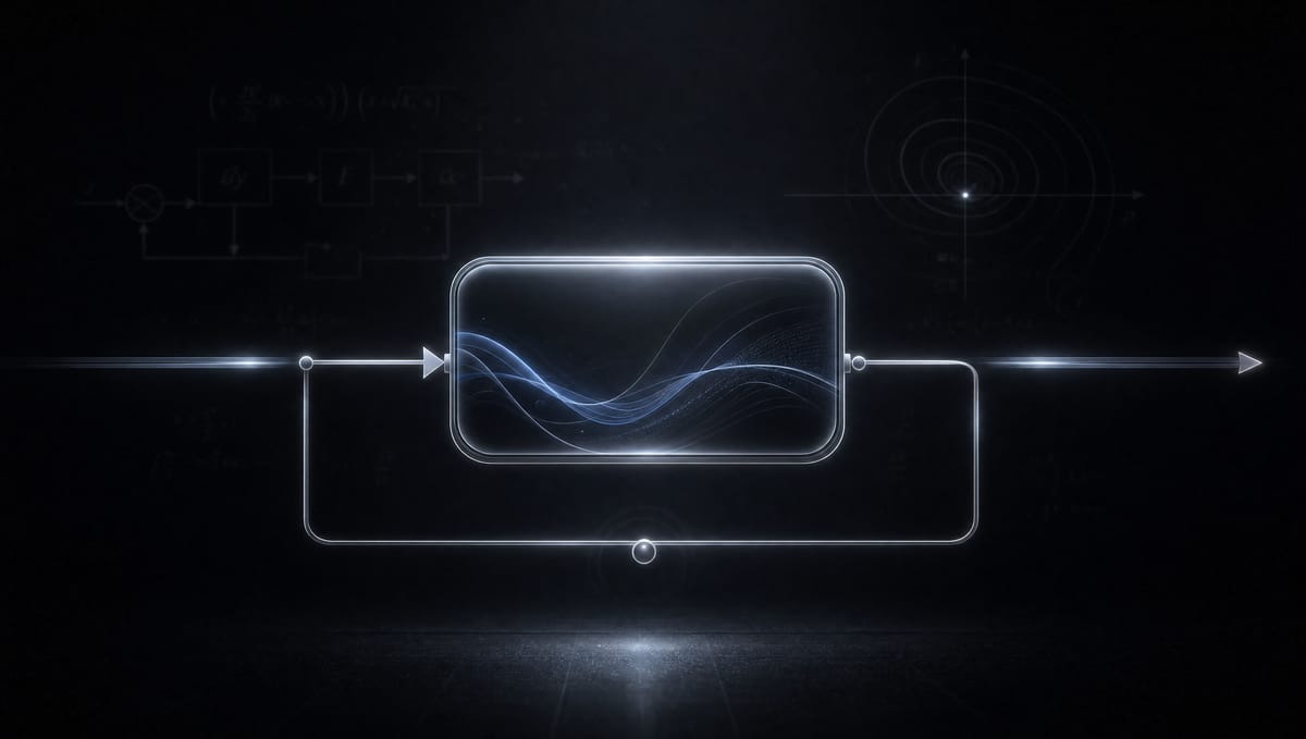 A glowing controller module wired into a feedback loop with clean input and output arrows, while the actual control-theory equations and stability diagram fade to near-invisibility behind it — the vocabulary of regulation without the theory.