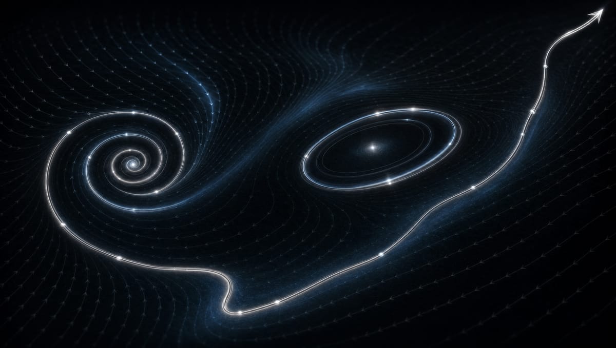 A phase portrait over a faint vector field showing three trajectories: one spiraling inward to a stable point (converge), one settling into a closed orbit (oscillate), and one diverging off the frame (collapse).