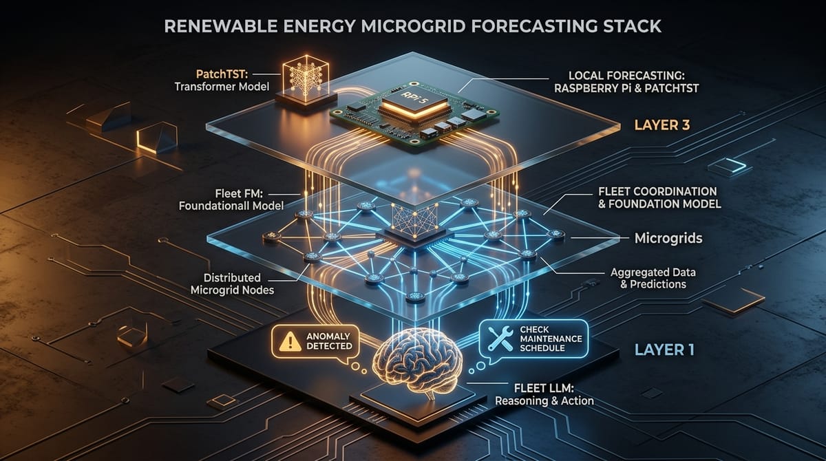 The three-tier forecasting stack — edge PatchTST, fleet foundation models, LLM reasoning layer