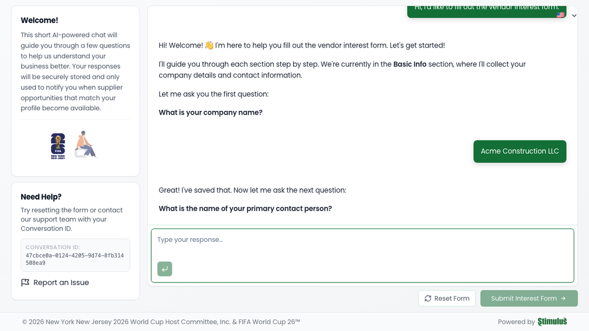 The agent responds to each input, validates data in real-time, and asks follow-up questions with context