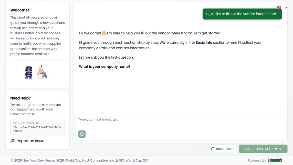 The AI agent greets the vendor and starts collecting structured data through natural conversation