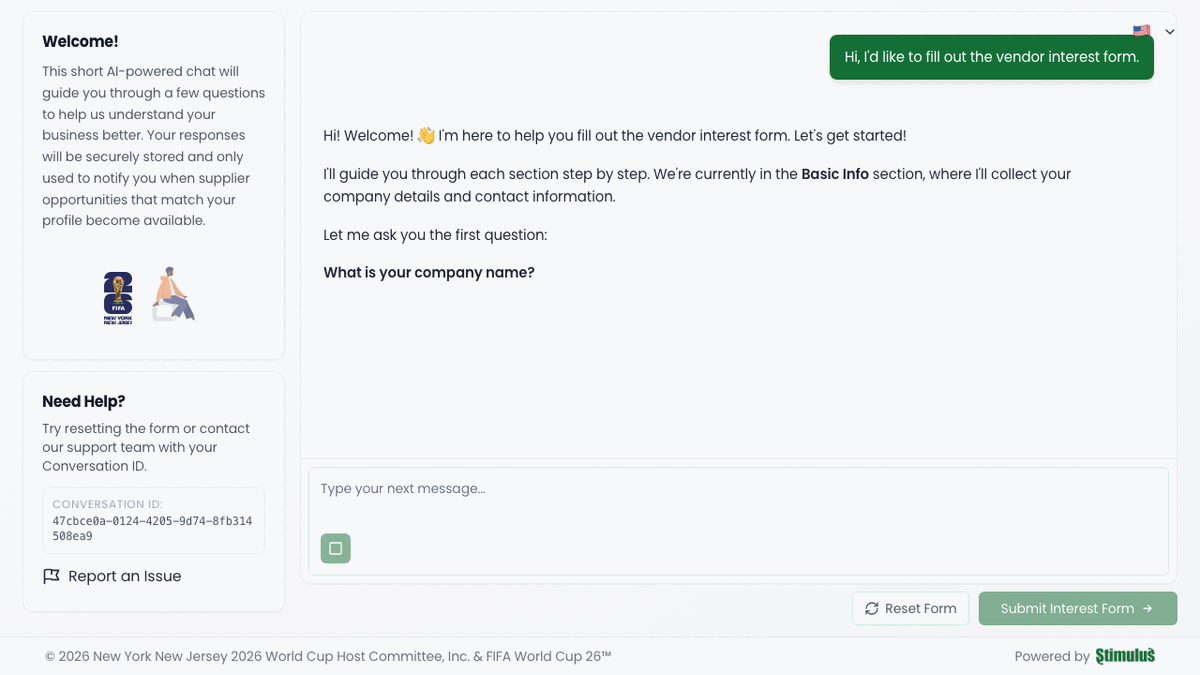 The conversational flow — from greeting to data collection to validation, all in natural language