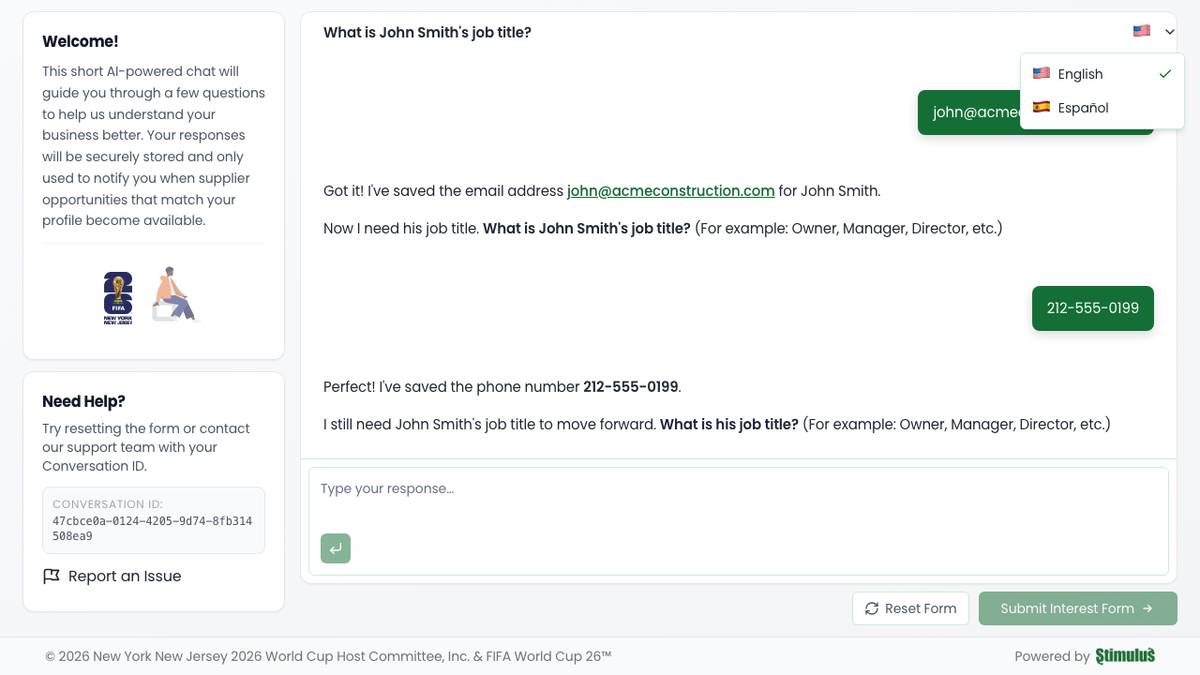 Multi-language support — vendors can switch between English and Spanish at any point in the conversation