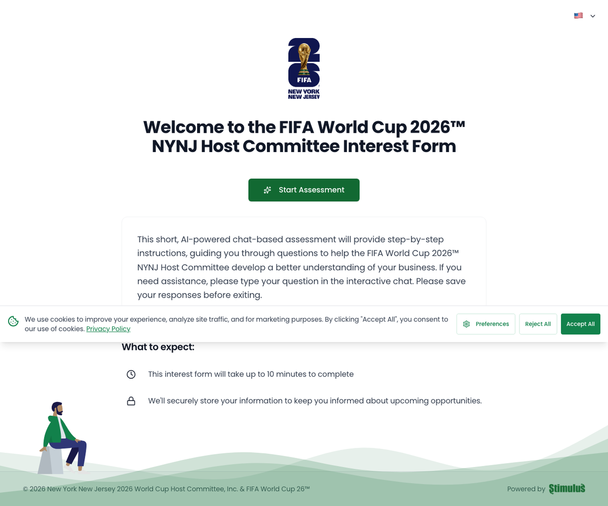 The NYNJ Host Committee landing page with FIFA World Cup 2026 branding and the Start Assessment call to action