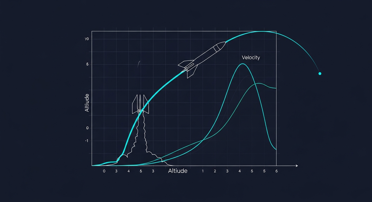 Rocket simulation blueprint — trajectory arc with data visualization overlay